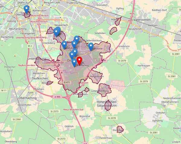 Amenities filtered by the travel time map
