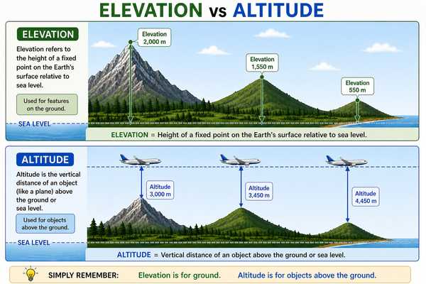 Diagram comparing elevation (fixed ground point relative to sea level) and altitude (vertical distance of an object above ground or sea level)