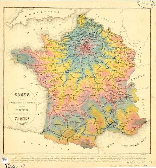 An isochrone map showing travel times to and from Paris.