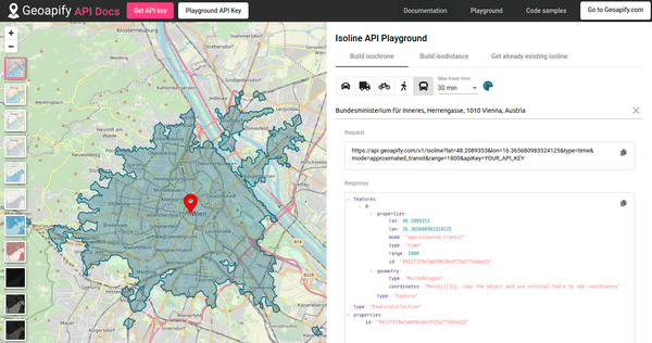 Geoapify Playground - select location and mode