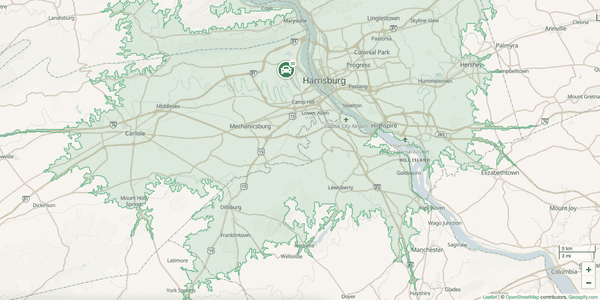 The reachability map shows the area reachable within 30 min of driving